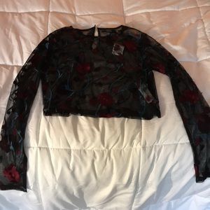 Forever 21 Long Sleeve See Through Floral Crop Top